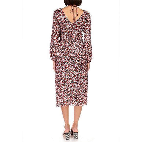 New Floral Print Chiffon Halter Neck Long Sleeve Front Cut-Out Midi Dress - Picture 3 of 5